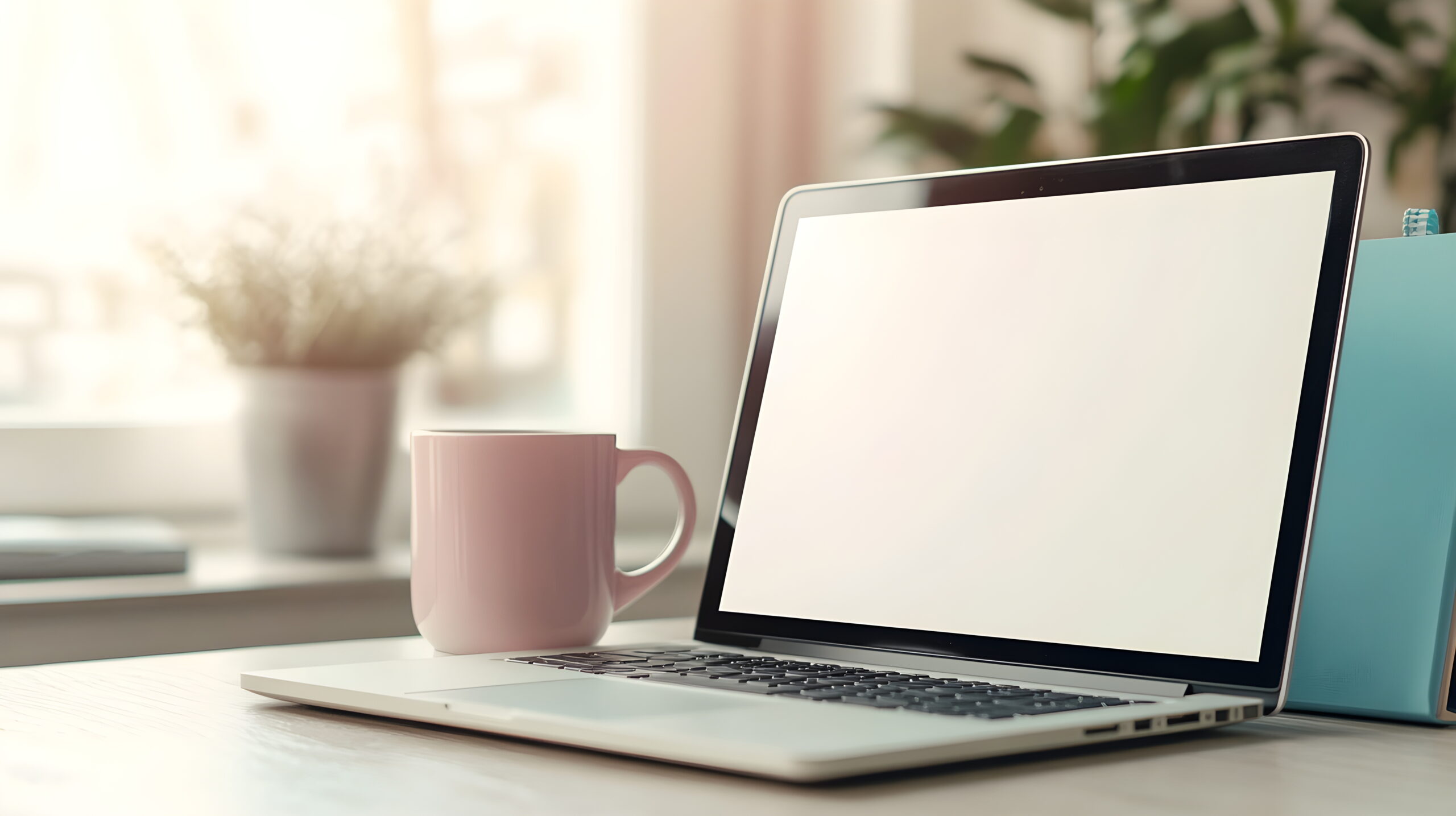 Photorealistic scene of a white laptop with a blank screen on a soft beige wooden desk, a pale pink coffee mug beside it, and a light blue notebook in the background. Crisp details, pastel tones,