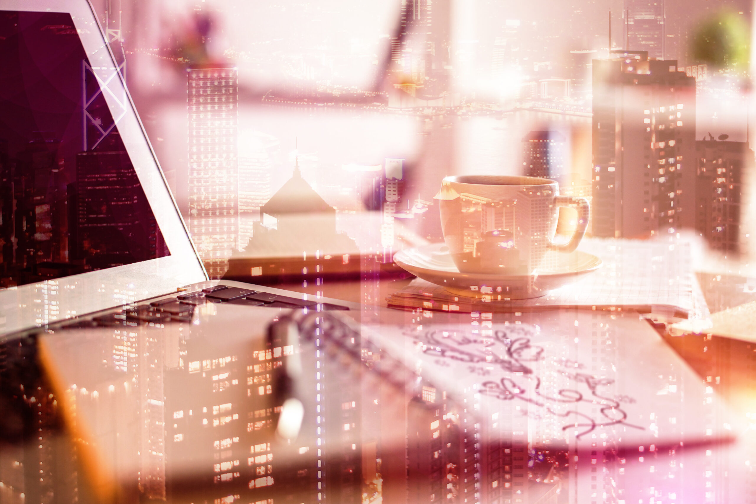 Workspace on pink city background